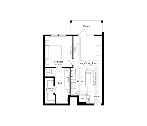 Floor plan for 1 bed, 1 bath, 672 sqft